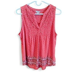 Lucky Brand Sleeveless Boho Peasant Top Red White Print Smocked Size Medium